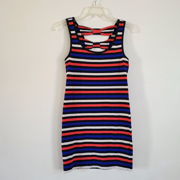Y2K Forever 21 Striped Bodycon Dress Bows Cutout Coral Blue‎ XXI Small - Picture 2 of 12
